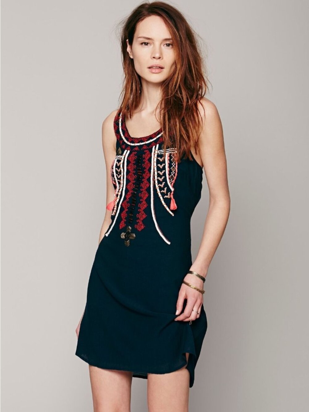 RARE Free People Black Embroidered Tassel Mini Dress M | Whimsigoth Indie Sleaze